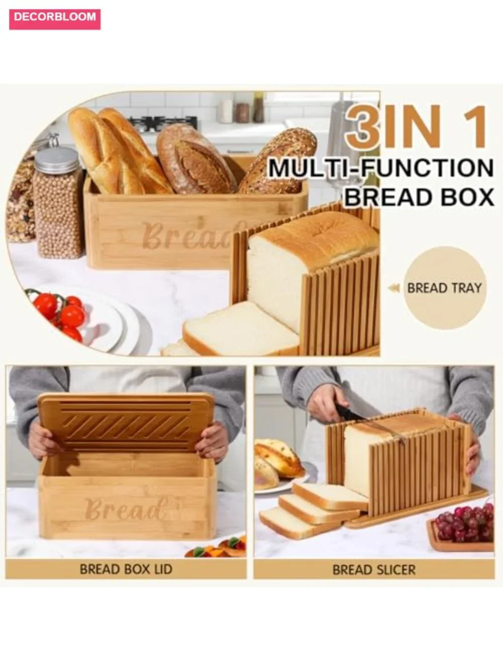 Bread Box with Slicer, 3-in-1 Storage with Bamboo Lid, Multifunction Kitchen